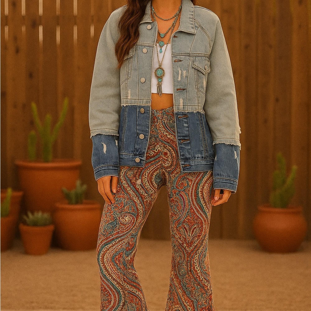 Boho Button Closure Pockets Two-Tone Denim Jacket